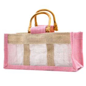 Bolsa de regalo de yute puro y algodón con ventana - 3 Ventanas en Rosa