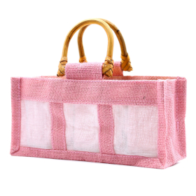 Bolsa de regalo de yute puro y algodón con ventana - 3 Ventanas en Rosa