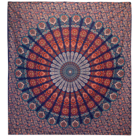 Colcha Doble de Algodón + Colgante de Pared - Pavo Real Mandala - Azul