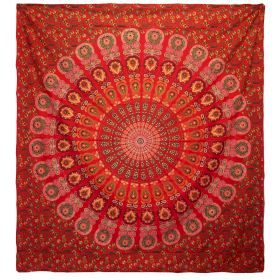 Colcha Doble de Algodón + Colgante de Pared - Pavo Real Mandala - Rojo