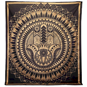 Colcha Doble de Algodón + Colgante de Pared - Hamsa - Negro Oro