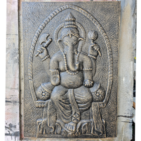 Gran Ganpati Marco de cemento fibrótico Antiguo Oro Relieve- 0.7x1m