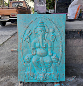 Gran Ganpati Marco de cemento fibrótico Turquesa Relieve - 0.7x1m